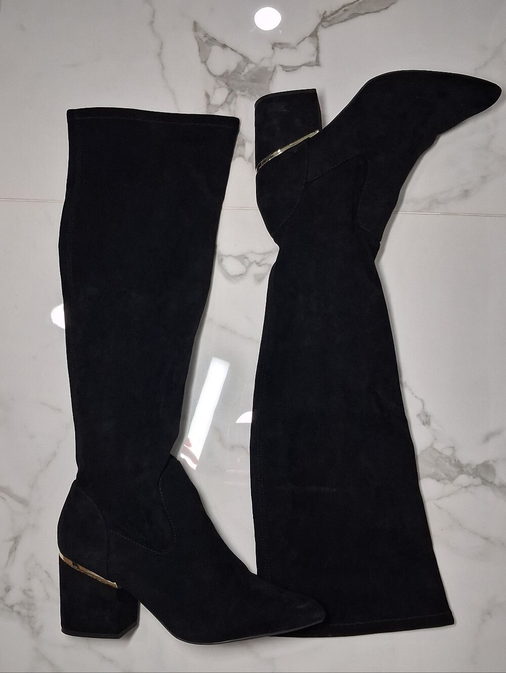Express Knee High Black Fabric Suede Boots Block Heel Gold Accent Size 8.5
